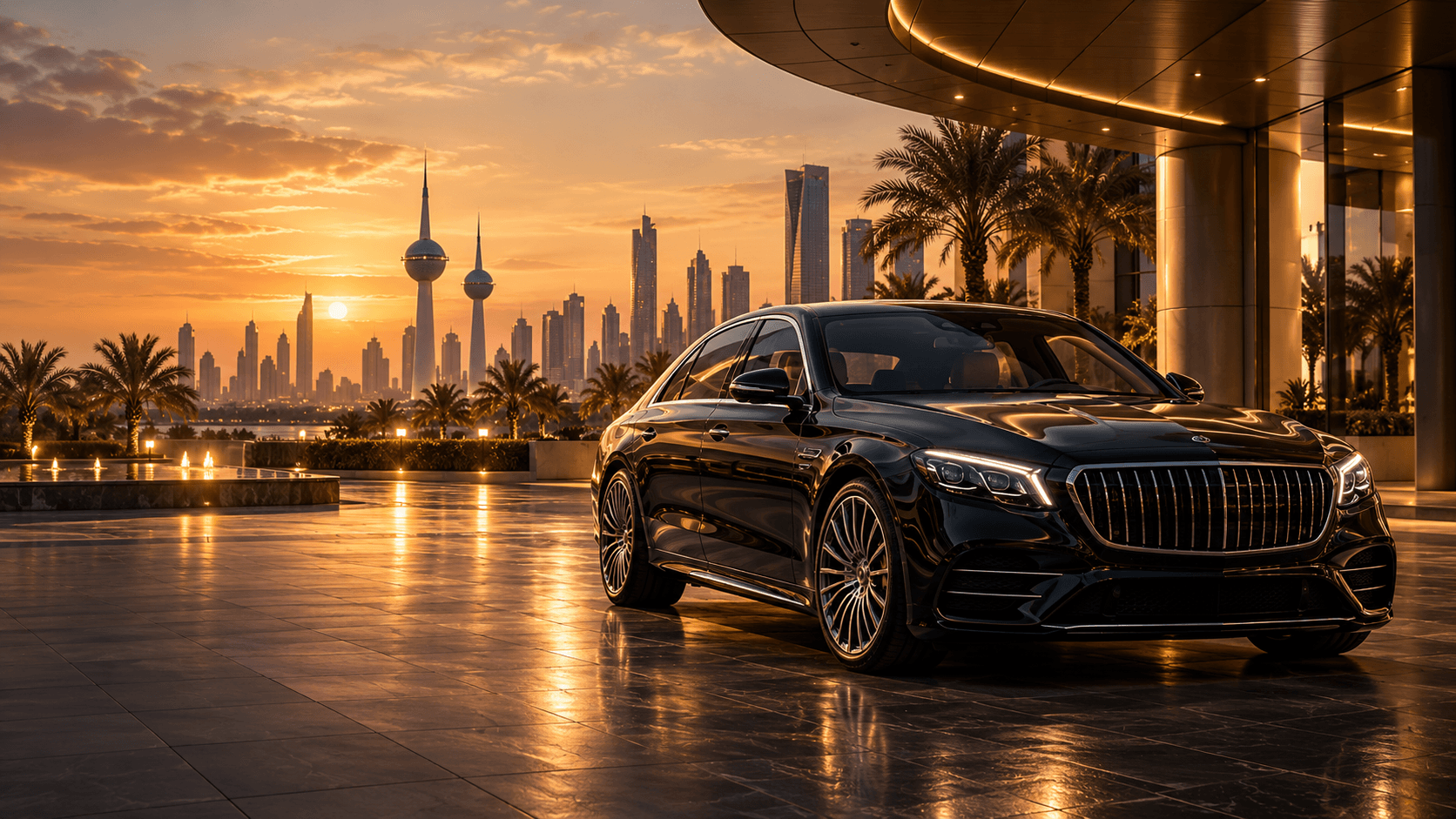 Luxury UBS vehicle at sunset with Kuwait Towers in the skyline